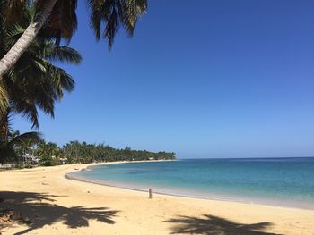 Scenic view of beach against clear blue sky