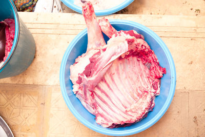 High angle view of meat in plate on table