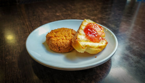 High angle view of breakfast in plate on table