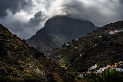 Scenic view of mountains against cloudy sky