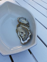 High angle view of seafood in plate on table