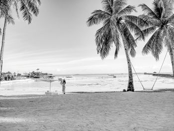 Palm trees on beach against sky