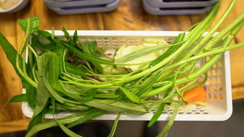 High angle view of chopped vegetables on table