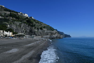 Scenic view of sea against clear blue sky