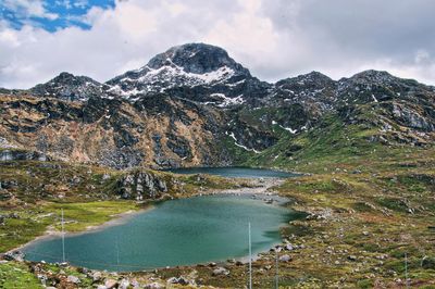 Scenic view of lake by mountains against sky