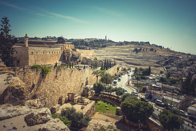 High angle view of buildings in town