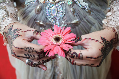 Close-up of woman hand holding red flowering plant