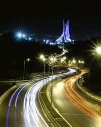 Light trails on road at night
