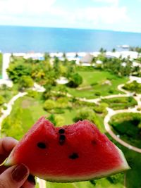 Close-up of hand holding strawberry