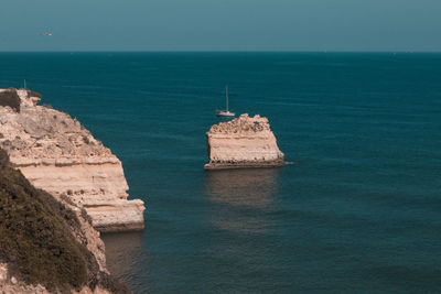 High angle view of rocks in sea against sky