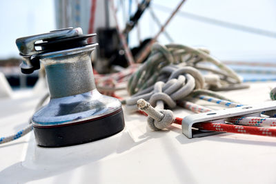 Close-up of winch on boat