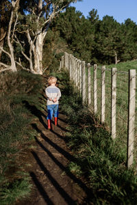 Young boy walking on fence lined path in new zealand