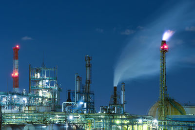 Flare stack, factory night view and chimney smoke