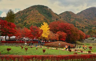 People in park against mountains and sky during autumn