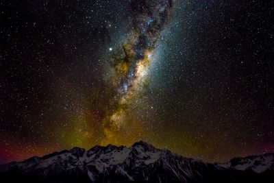 Scenic view of snowcapped mountains against sky at night