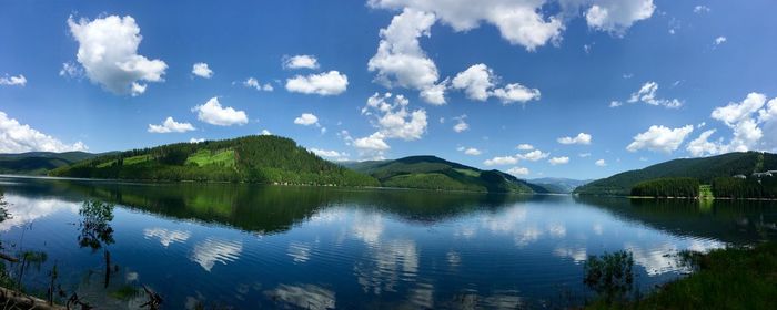 Scenic view of lake and mountains against sky