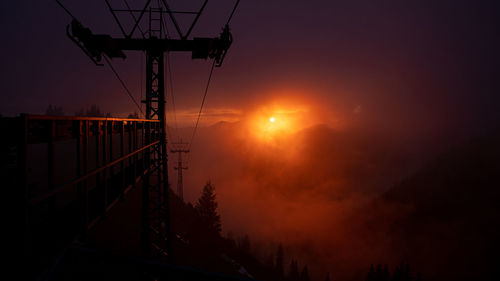 Low angle view of silhouette electricity pylon against sky during sunset