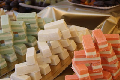 High angle view of food for sale in market, chocolate