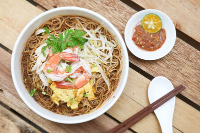 High angle view of food in bowl on table