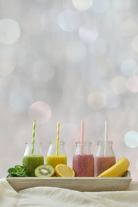 Close-up of smoothies in tray on table