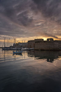 Sailboats in marina at sunset