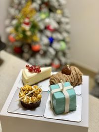 High angle view of christmas decorations on table