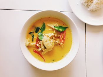 High angle view of soup in bowl on table