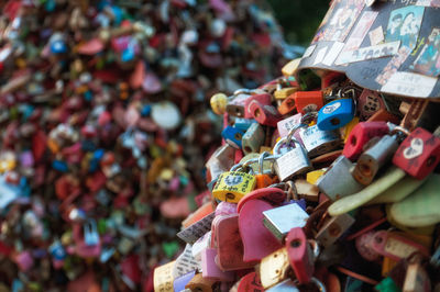 Close-up of colorful padlocks