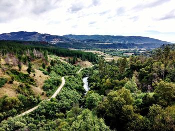 High angle view of trees on landscape against sky