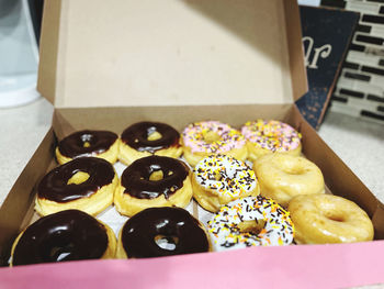 High angle view of donuts on table