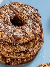 Close-up of donuts on table