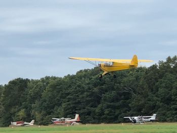 Airplane flying over field against sky