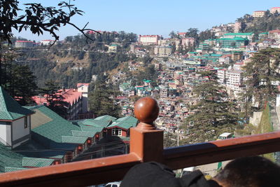 Trees and buildings in city against clear sky