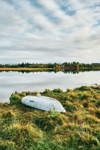 Landscape of lonely shore of lake at beautiful countryside