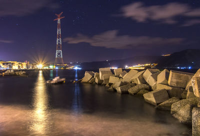 Panoramic view of sea against sky at night