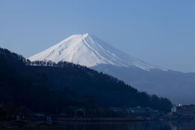 Scenic view of snowcapped mountains against clear sky