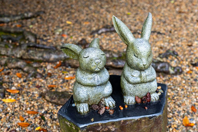 Close-up of old statue on field