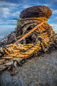 Close-up of ropes on cleat