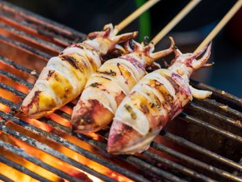 Close-up of squid on barbecue grill