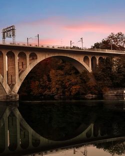Arch bridge over river against sky during sunset