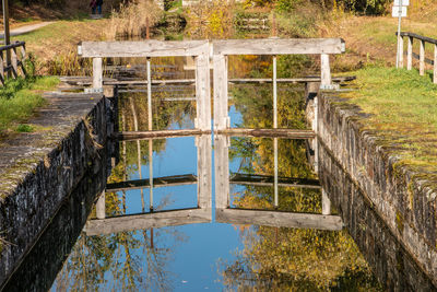 Scenic view of lock at a canal against sky