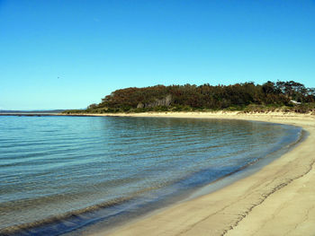 Scenic view of beach against clear blue sky