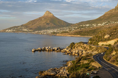 Scenic view of sea and mountains against sky