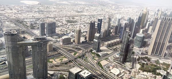 High angle view of modern buildings in city