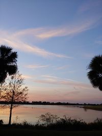 Silhouette trees by lake against sky during sunset