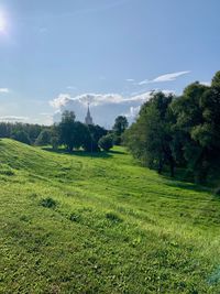 Scenic view of grassy field against sky