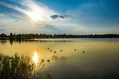 Scenic view of lake at sunset