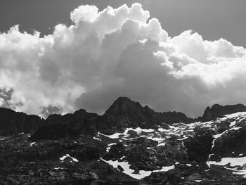 Scenic view of mountains against cloudy sky