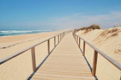 Empty boardwalk at beach against sky