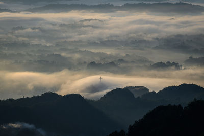 Scenic view of mountains against sky during sunset